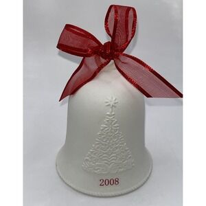 Hallmark Bell ornament 2008 White  Porcelain Dated Happy Holiday With Box Memory